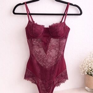Sheer Lace Underwire Chemise Bodysuit in Wine